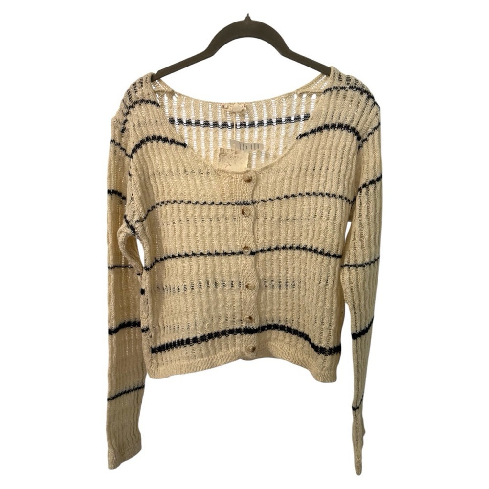 Hem & Thread Cream and Dark Navy Striped Cardigan Sweater Size LG
